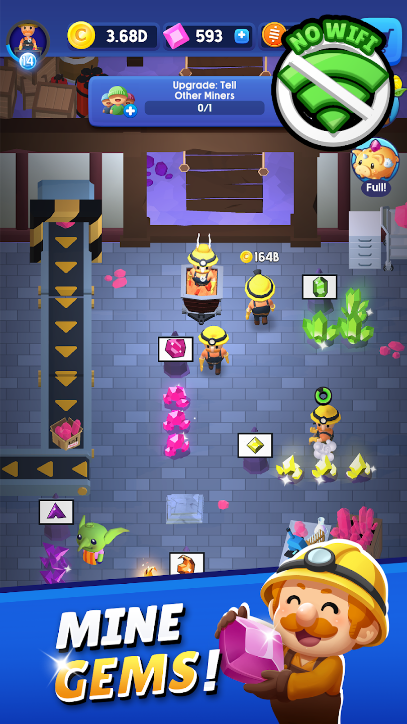 Colorful mine scene with workers, crystals, and a gem-focused gameplay screen.