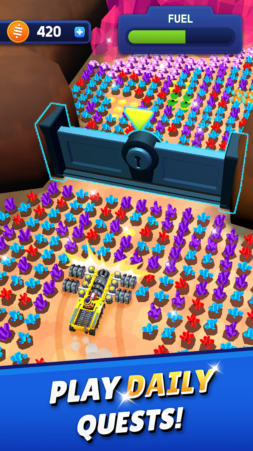 Daily quest style screen with colorful crystals and a vehicle in motion.