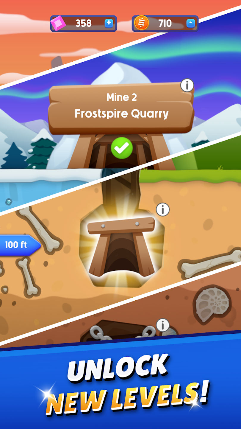 Mine progression screen showing multiple environments and new level unlocks.