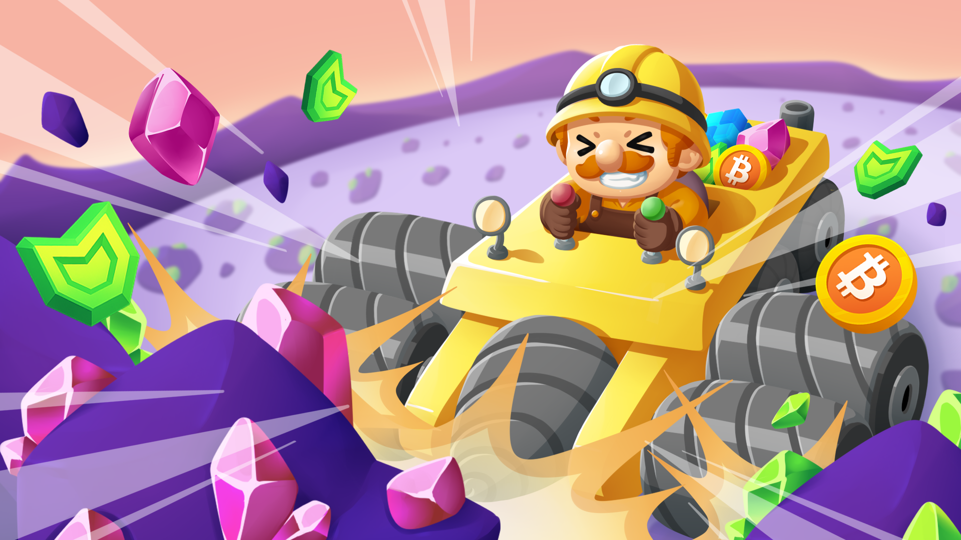 Fast yellow mining vehicle racing through a vivid crystal field.