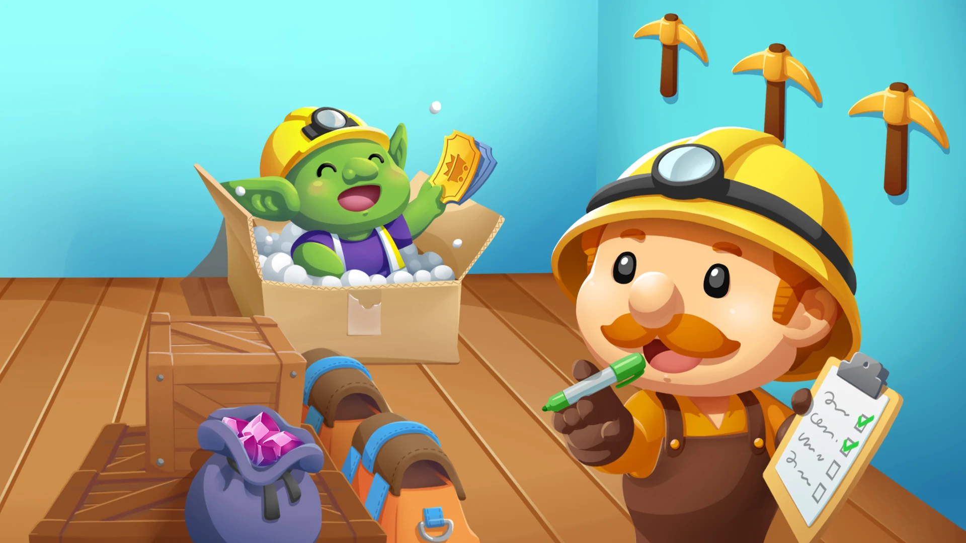 Miner holding a checklist beside a helper character and gathered resources.